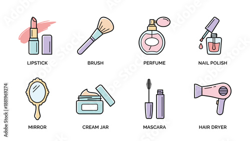 Beauty cosmetic icons. Makeup essentials vector collection. Linear color style. Lipstick, brush, perfume, nail polish, mirror, cream, mascara, hairdryer. Feminine fashion salon.