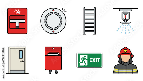 Fire safety icons set. Emergency protection symbols. Alarm smoke detector sprinkler ladder door exit sign firefighter. Warning danger security vector illustration. Flat line design.