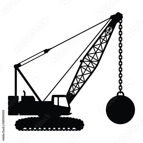 a silhouette of a construction crane with a large ball hanging below