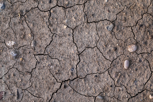vista macro da sopra su di un terreno naturale fatto di terra arida, con crepe