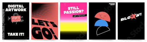 Bold retro typography poster templates on black background with neon gradients, speed lines and pop art slogan layouts
