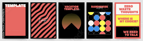 Modern Poster Design Templates. Abstract retro design poster templates with wavy stripes pattern, sunset line art, circle grid and bold typography layouts in Swiss Y2K style
