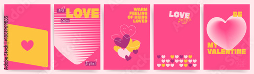 Bright Valentine love poster templates with cute hearts, romantic typography quotes and modern pink Y2K aesthetic backgrounds
