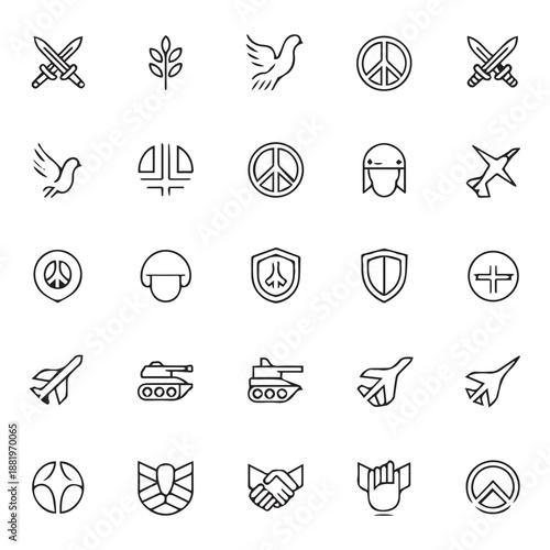 Collection of minimalist line icons representing peace war and freedom themes