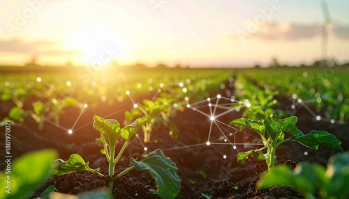 Smart agriculture technology in a cultivated field at sunset, showing the future of farming and data analysis