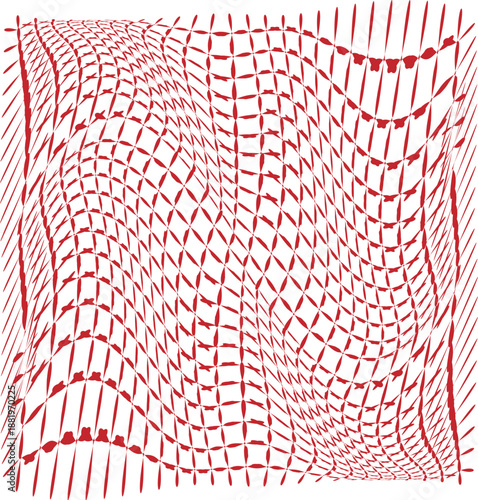 Dynamic red grid pattern with a warped three dimensional optical illusion effect on a white background