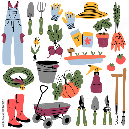 Flat vector set of gardening tools and accessories including gloves, shovel, plants, seeds, boots and watering can, perfect for spring gardening, farming, eco lifestyle and hobby design.