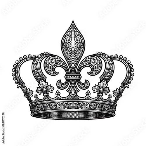 detailed monochrome drawing of an ornate crown with fleur de lis elements