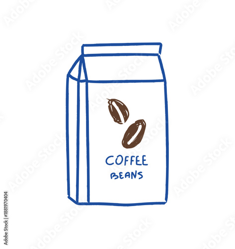 Doodle style hand-drawn illustration of a coffee beans package. Minimalistic sketch artwork with a relaxed, informal feel. Ideal for coffee branding, cafe menus, packaging design, social media graphic