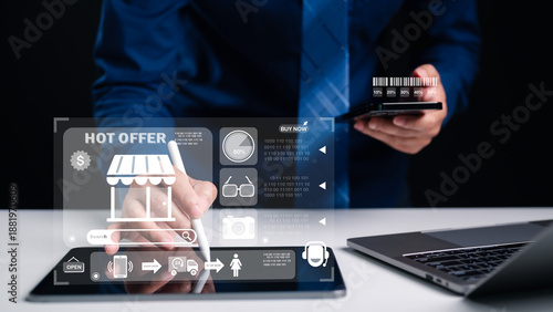 Professional businessman uses tablet stylus managing online retail store interface. Digital ecommerce dashboard displays hot offers, sales analytics, shopping icons. Mobile technology enhances