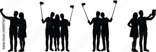 People Taking Selfies Silhouette Set with Smartphones and Selfie Sticks, Modern Social Media, Friendship, Travel, and Digital Lifestyle Concept Illustration