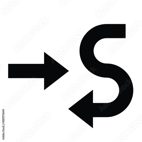black arrow pointing towards a stylized letter s symbol on white