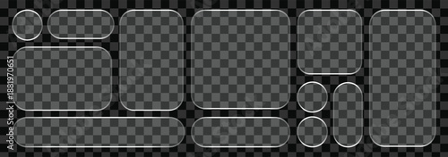 Liquid glass effect smartphone icon interface isolated. White UI light frame square and circle banner with glow stroke. Control center widget for smartphone and web app, vector illustration