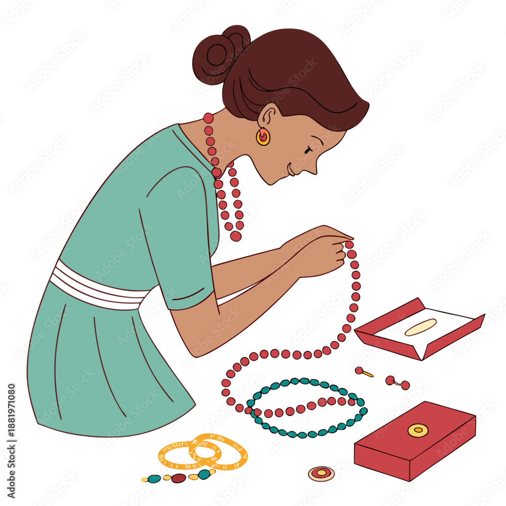 Fototapeta premium Creative woman arranging luxury jewelry and fashion accessories, stylish designer showcasing rings and necklaces in a boutique or workshop.