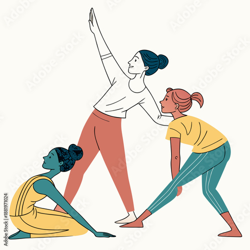 Professional woman teaching a yoga class, wellness instructor guiding students through meditation and stretching exercises in a studio setting.