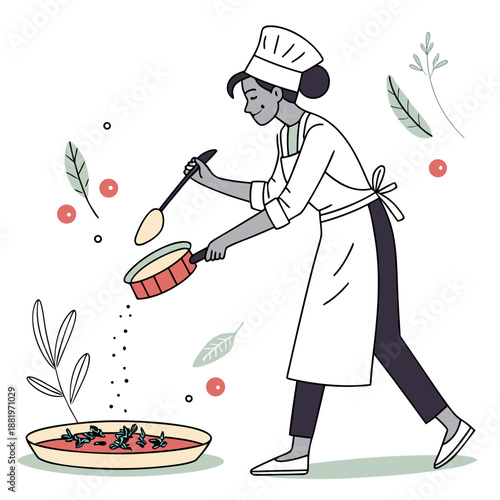 Professional female chef seasoning a gourmet dish in a kitchen, culinary art concept with a cook preparing delicious food for a restaurant.