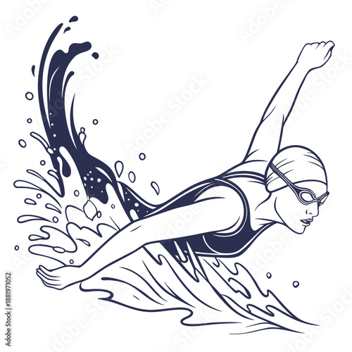 Professional female swimmer performing the butterfly stroke in a competition, athletic pool performance vector illustration showing power and movement.