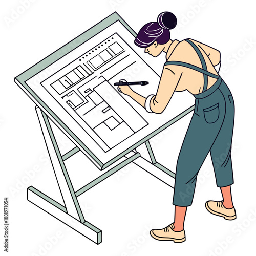 Female architect drawing a technical architecture blueprint on a drafting table, professional engineering and design workspace concept illustration.