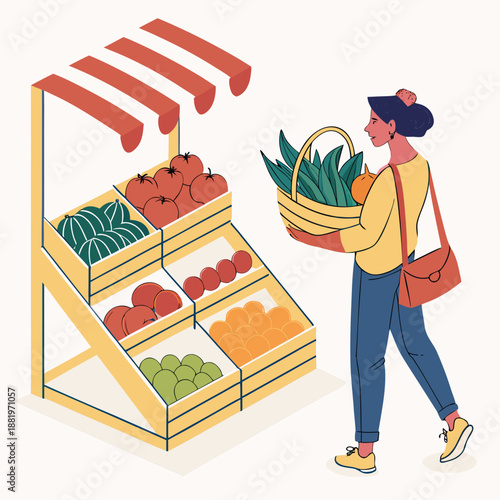Young woman selecting fresh organic produce at a local farmers market, healthy grocery shopping and sustainable lifestyle concept illustration.