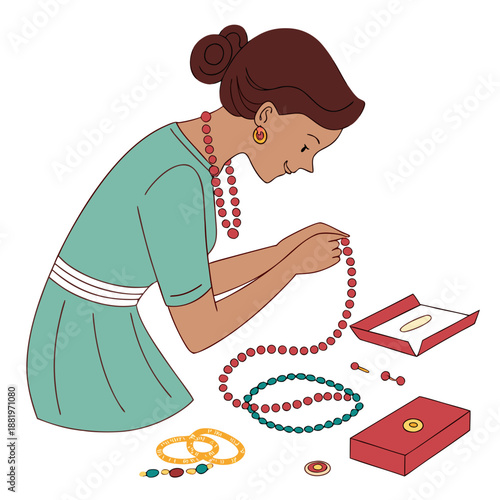 Creative woman arranging luxury jewelry and fashion accessories, stylish designer showcasing rings and necklaces in a boutique or workshop.