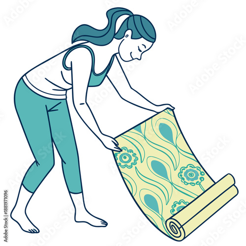 Woman folding her yoga mat after a wellness session, mindful exercise routine and post-workout cleanup in a bright studio setting.