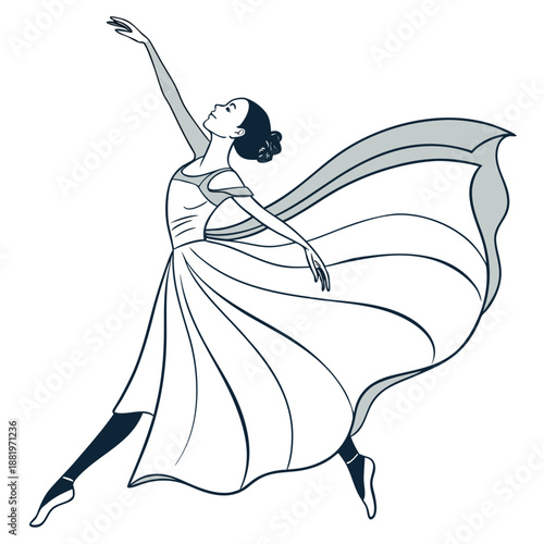 Dynamic and graceful vector illustration of a female dancer twirling in a flowing dress with elegant movement.