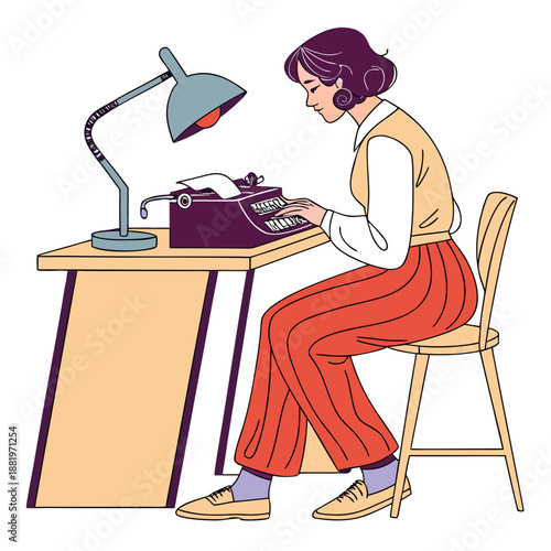 Creative vector illustration of a female writer typing on a vintage typewriter in a cozy and inspiring workspace.