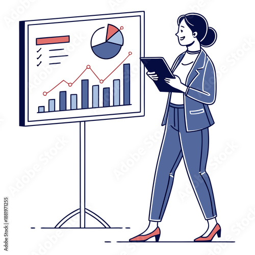 Corporate vector illustration of a professional woman presenting a business pitch or data presentation in a meeting.
