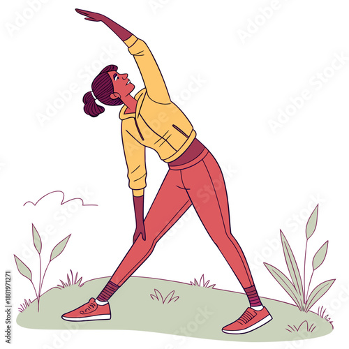 Sporty vector illustration of a woman stretching her arms in a sunny outdoor setting before a morning workout.