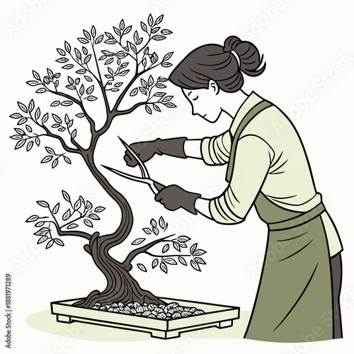 Botanical vector illustration of a woman carefully trimming and pruning a small bonsai tree for indoor gardening.