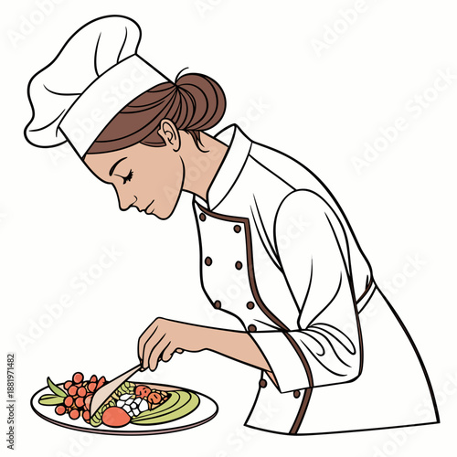 Professional Female Chef Plating Gourmet Dish in Culinary Kitchen Vector Illustration