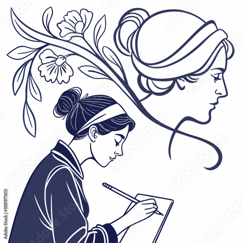 Female Artist Painter Creating a Self Portrait on Canvas Vector Illustration