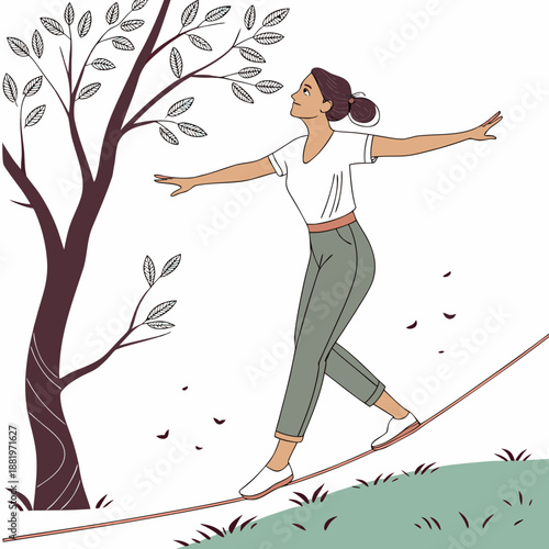 Woman balancing on a slackline in a park, outdoor fitness and equilibrium concept, flat vector illustration