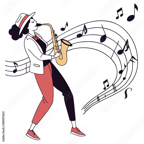 Woman playing a saxophone solo on stage, jazz music performance, musician in creative action vector illustration