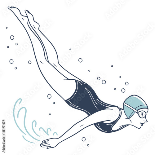 Female swimmer practicing a flip turn in an aquatic center pool, professional training and competitive swimming vector