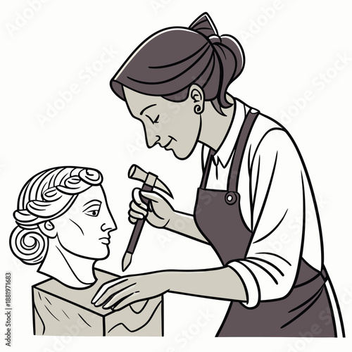 Woman sculpting a marble statue with a chisel and hammer, artistic creation and fine arts studio vector illustration