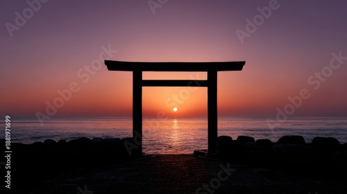 Serene Silhouette of Japanese Torii Gate at Sunrise by the Ocean