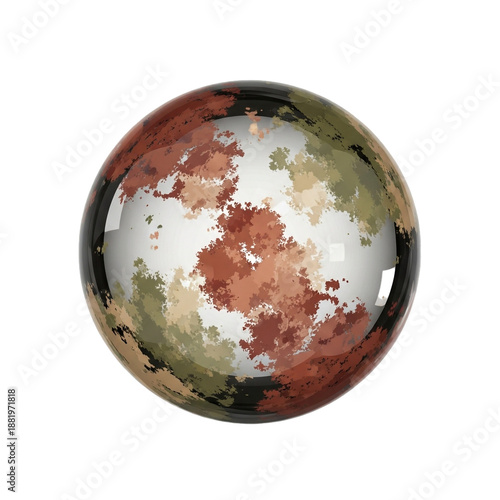 Abstract glass sphere with earthy tones, featuring a glossy finish and a mottled pattern in shades of brown, green, and beige creating a unique artistic element.