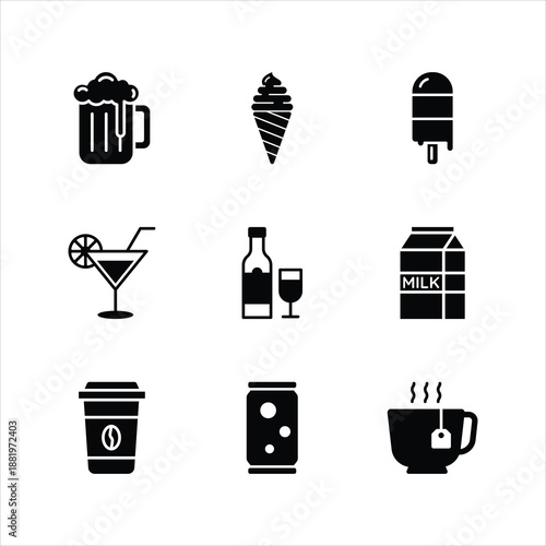 Big collection of beverage and drinks solid glyph icons

