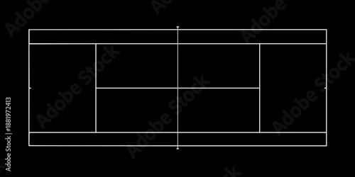 An aerial view of a tennis court with minimalist boundary lines and the net visible.