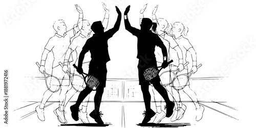 A player leaning over the net to high-five their doubles partner, celebrating a point won.