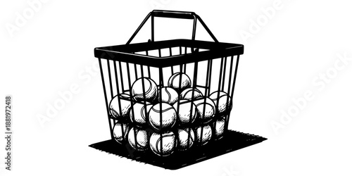 A tennis ball hopper or basket filled with balls on a stand, used for coaching and training.