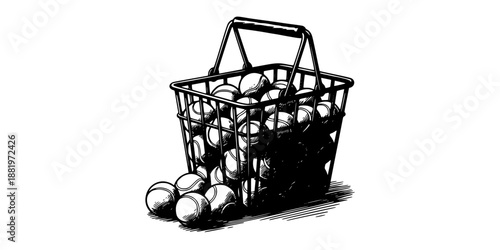 A tennis ball hopper or basket filled with balls on a stand, used for coaching and training.