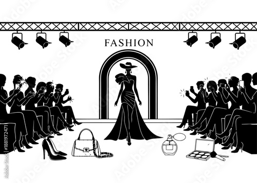 Elegant high fashion show illustration featuring a model walking on a runway under stage lights with a professional audience and cameras in a detailed black and white artistic vector line drawing.