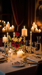 Elegant Valentine's Day dinner table set with candles, floral centerpiece, and glassware, creating a romantic atmosphere for a special evening celebration