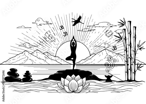 Peaceful yoga meditation scene featuring a person in lotus pose on a beach with rising sun lotus flower and balanced zen stones in a detailed black and white vector line illustration for wellness.