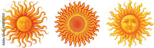 sun with wavy rays set clipart on white background