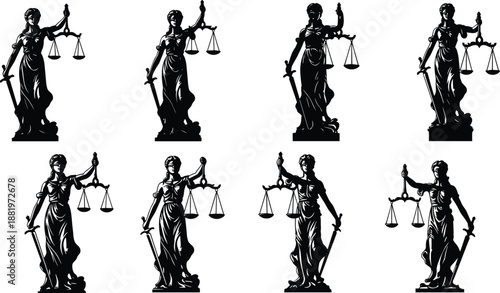 Lady Justice statue silhouette collection, legal balance scale and sword symbols, law and justice illustration, black courtroom design elements
