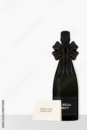 Vector clipart of a champagne bottle decorated with a black satin gift bow, featuring copy space and visible text card