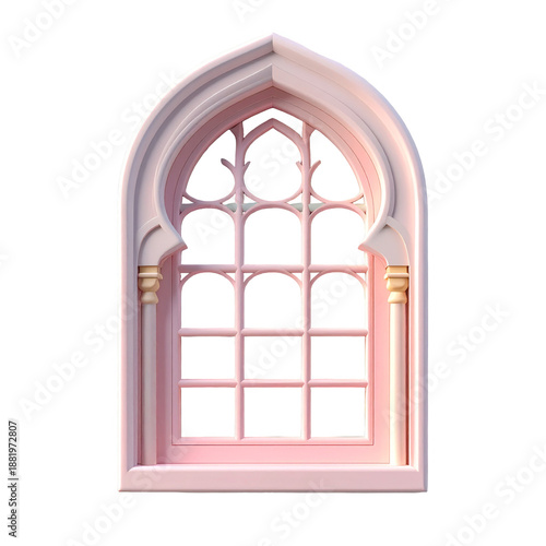 Pink Gothic Window with Elaborate Arch Frame on Transparent Backdrop